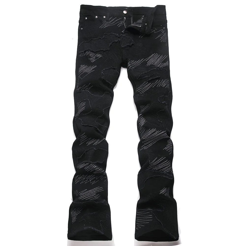 Men Slim Flared Jeans Fashion Stretch Spandex Denim Boot Cut Pants Vintage Embroidery Patch Trousers