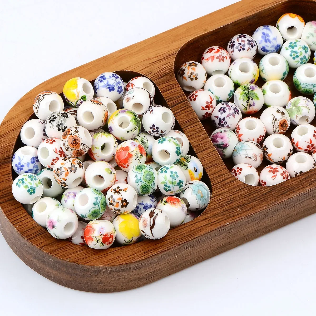 0.6cm/0.8cm/1cm 20pcs Random Color Mix Hot Sale Big Hole Handmade Flower Patterns Decal Round Ceramic Beads DIY