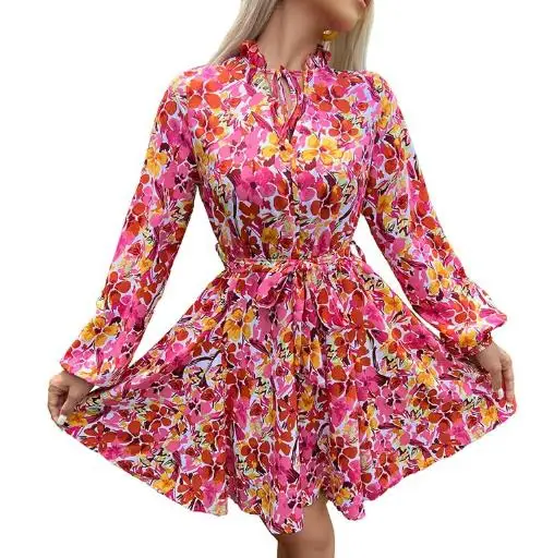 

Women's Dress 2025 Fashion Spring and Summer New Original Women's Lace-Up Slim-Fitting Lace-Collar Floral-Print Dress for Autumn