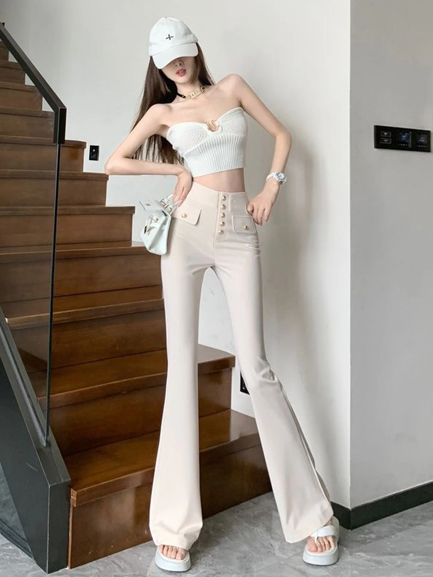 

High Waist Button Detail Bell Bottom Pants Women's Fashion Casual Long Trousers Slimming Effect 2026 Summer New Korean Style