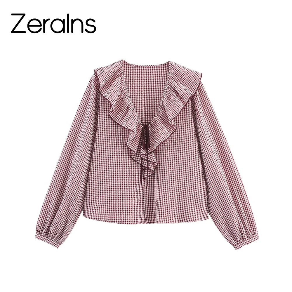 

ZERAINS 2022, осенний новый продукт, женская милая и модная многослойная декоративная рубашка с v-образным вырезом и маленькой сеткой, топ