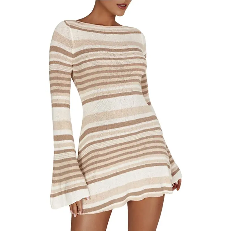 

Женское шикарное трикотажное платье CYL с рукавами-колокол, открытой спиной, в полоску, с цветовыми блоками, облегающее, с завышенной талией