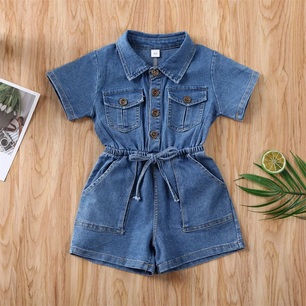 Baby Summer Denim Romper Girls Turn Down Collar Single Breasted High Waist Shorts Jumpsuit with Pockets Kids Clothes Streetwear