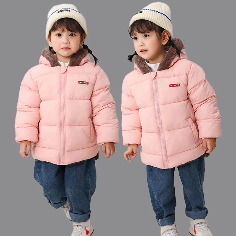 123  Girls Jacket Autumn Winter Solid Color Lining Plush Thick Warm Hooded Zipper Outwear For Boys Cotton Down Snowsuit 2-6 Y