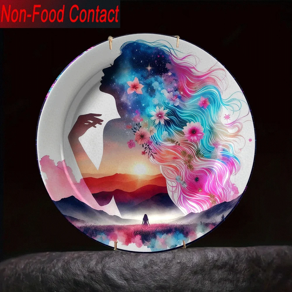 

2D-плоская, керамическая декоративная пластина, 1 шт., чистое украшение без еды, красивый дизайн бокового профиля девушки звездного неба с градиентом