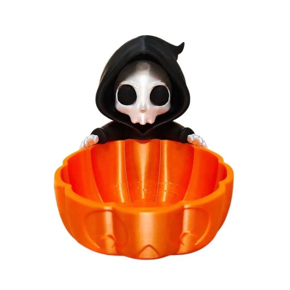 Orange Grim Reaper Candy Bowl Molded Rigid 3D Printed Pumpkin Dish Flat-Bottom Odourless PLA Desktop Organizer Movie Night