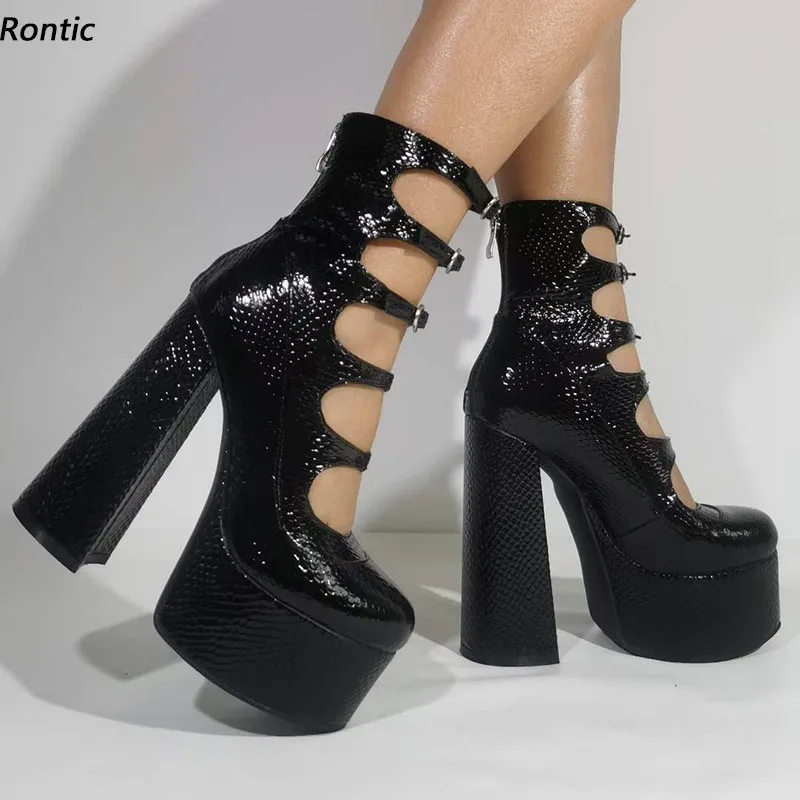 

Rontic Women Platform Ankle Boots Buckle Strap Chunky Heels Round Toe Beautiful Black Snake Dress Shoes US Plus Size 5-15
