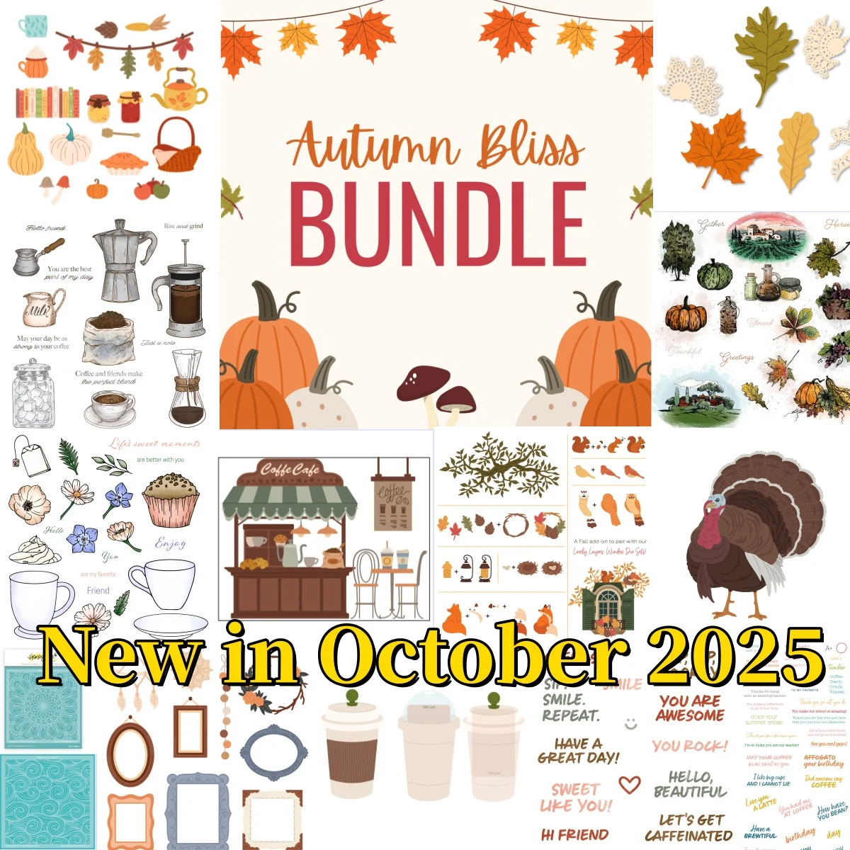 

Turkey Pumpkin Fall Leaves Coffee Bar Kettle Rock Clear Stamps Metal Cutting Dies Stencil for DIY Scrapbook Paper Autumn 2025