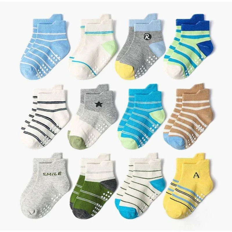 12pairs/lot Children Socks Cotton Baby Floor Socks Boy Non-Slip Baby Socks 1-5 Years