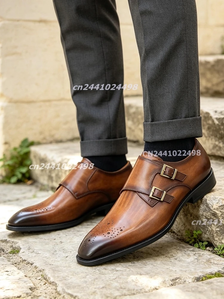 Men's Brogue Embossed Leather Shoes Brown Black Brush-Off Patent Leather Double Buckle Formal Monk Shoes Elegant Office Footwear