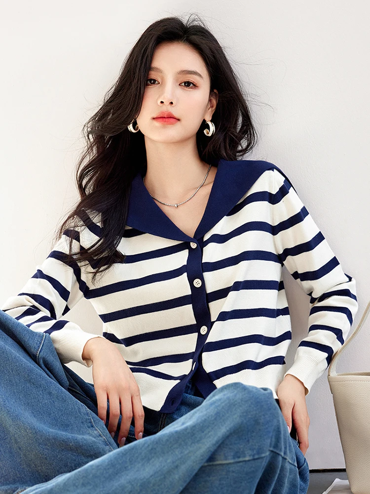 Fashion Navy Collar Knit Cardigan Women Design Sense Niche Long Sleeve Contrasting Color Sweater Retro Casual Loose Short Tops