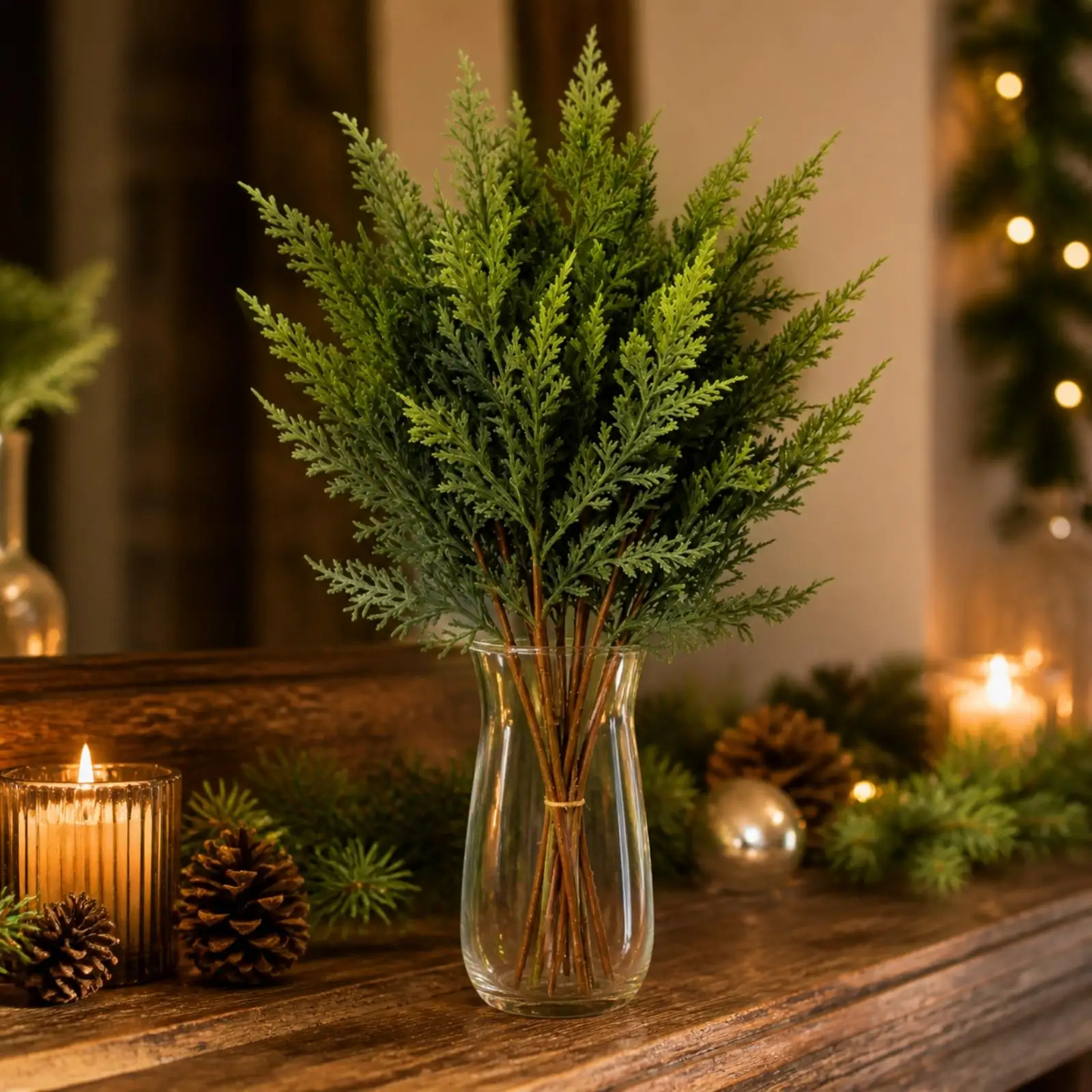 Faux Cedar Spray Industrial Bundle Artificial Plants Decoration Flexible Brown Stem Realistic Foliage for Indoor Outdoor Rustic