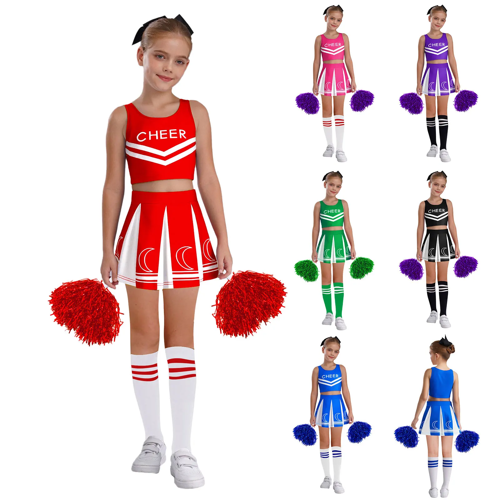 

Kids Girls Halloween Cheerleader Costume Outfits Uniform Set Cheerleading Dance Top Skirt with Socks Pompom for Role Play Party