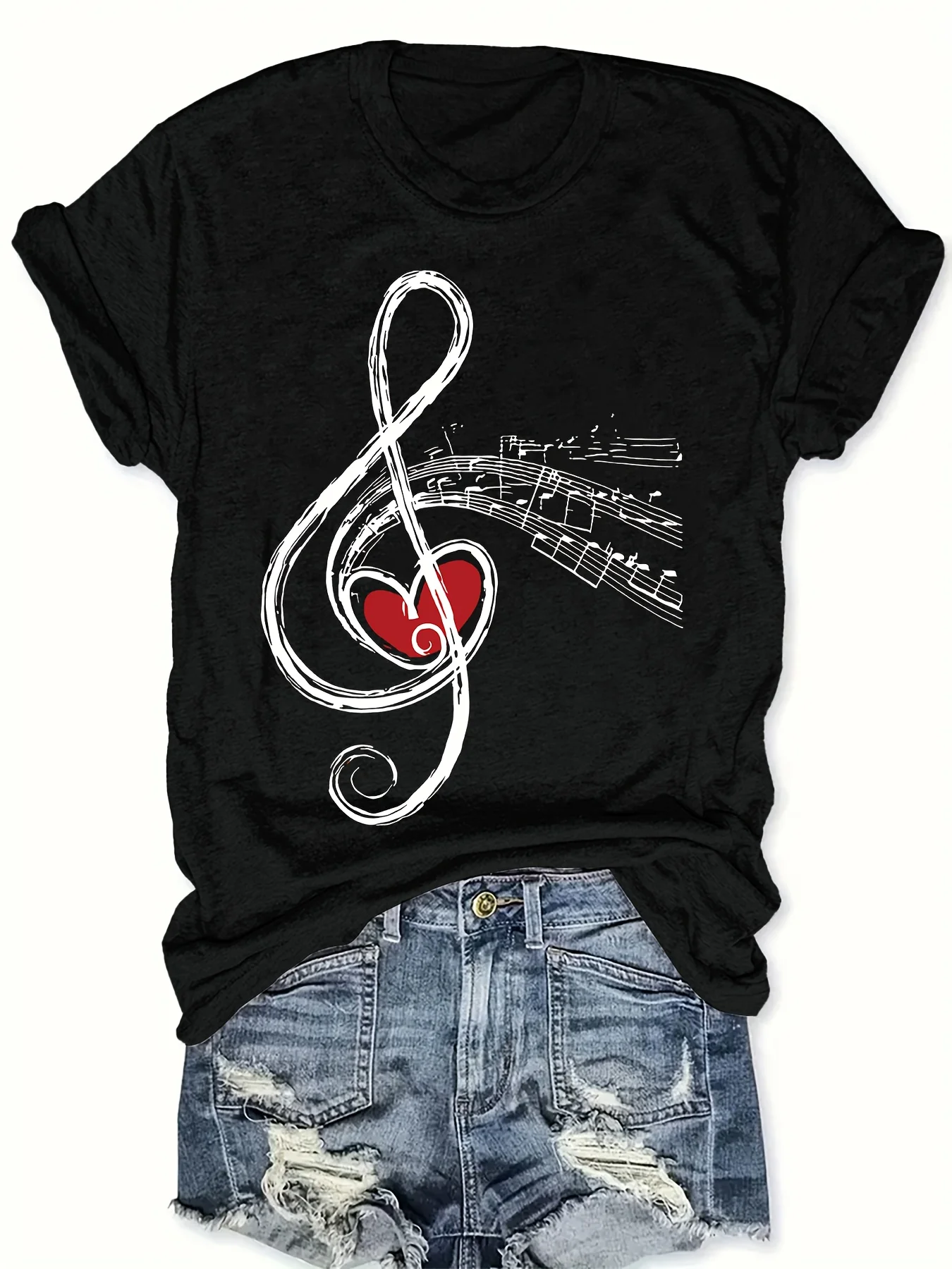 Women's Casual Crew Neck T-Shirt with Heart Print and Music Note Design Regular Fit Short Sleeve Tee for All Seasons