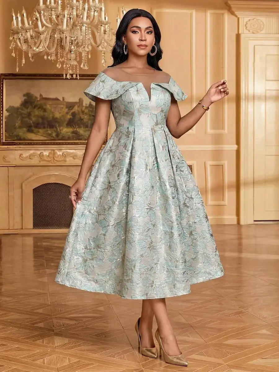 

Floral Jacquard Off-Shoulder Ruffle Cap Sleeve V-Neck Pleated A-Line Midi Dress For Garden Wedding Guest Occasion