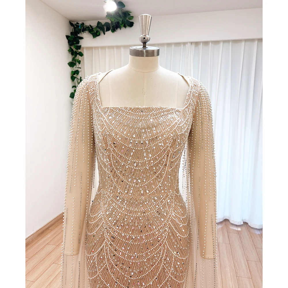 Luxury Pearls Evening Graduation Dresses for Women with Cape Sleeves 2024 Mermaid Formal Prom Wedding Party Gowns Customized