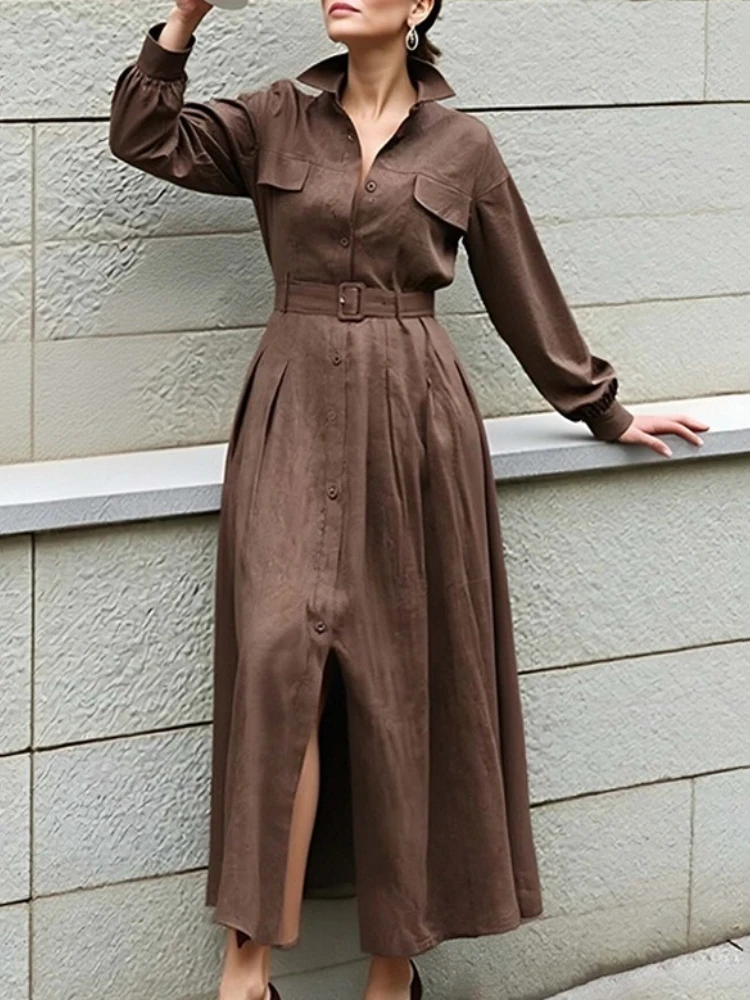 

Tossy Vintage Solid Maxi Dress For Women Sashes Commuting High-Waist Patchwork Turndown Collar Dress 2025 New Female Long Dress