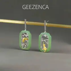 GEEZENCA Natural White Jade Green Aventurine 925 Silver Window Cat Dangle Earrings For Women Ethnic Chic Earring 2024 New Gift
