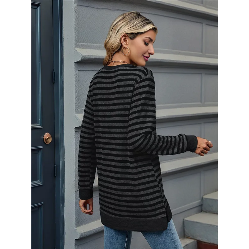 

NEW-Womens Casual Striped Long Sleeve Shirt Trendy Crew Neck Slim Loose Fit Basic Blouses Tops