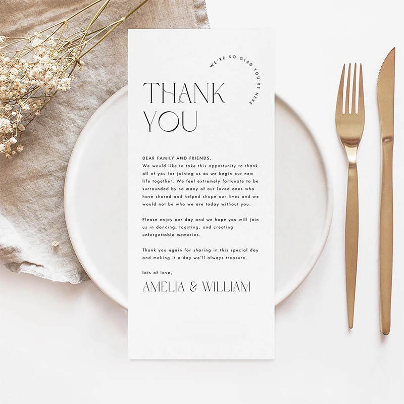 Biglietto di ringraziamento personalizzato Biglietto da tavolo per invito a nozze Nome di coppia Menu di benvenuto Biglietto da tavolo per matrimonio minimalista