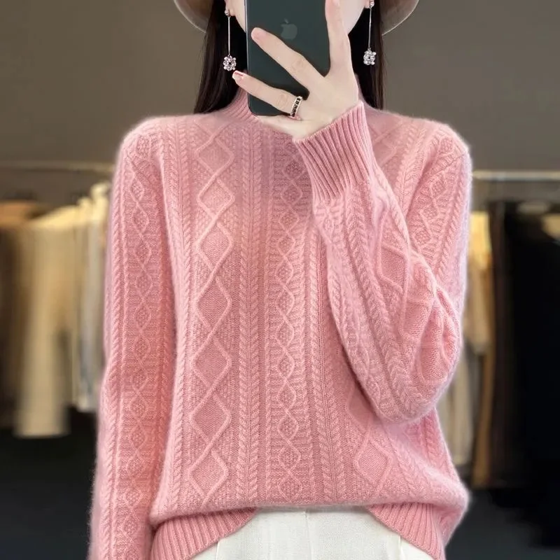 

2023 Spring Autumn New Knitting Sweater Women's Coat Loose Sweater Mother's Semi-High Collar Long-Sleeved Bottoming Shirt