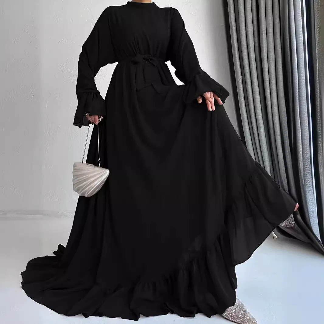 

A Muslim Slimming Lady's Long Robe Pullover, A Form-fitting And Waist-cinching Solid Color Dress