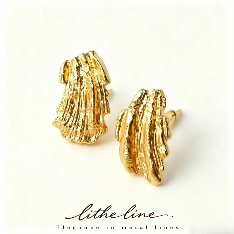 Litheline Gold-Plated Brass Stud Earrings, Vintage Textured Geometric Style, Sustainable Women's Fashion Jewelry