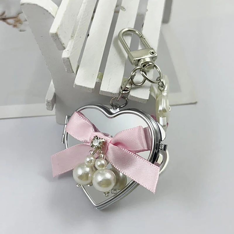 Pearl Bowknot Metal Keychain With Heart Shaped Mirror INS Style Bag Keyring Sweet Fashion Earphone Camera Pendant Gift
