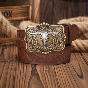 Western Cowboy Pu Lederen Riem-Heren Tailleband Stier Decoratie Bloemen Gegraveerd Voor Jeans