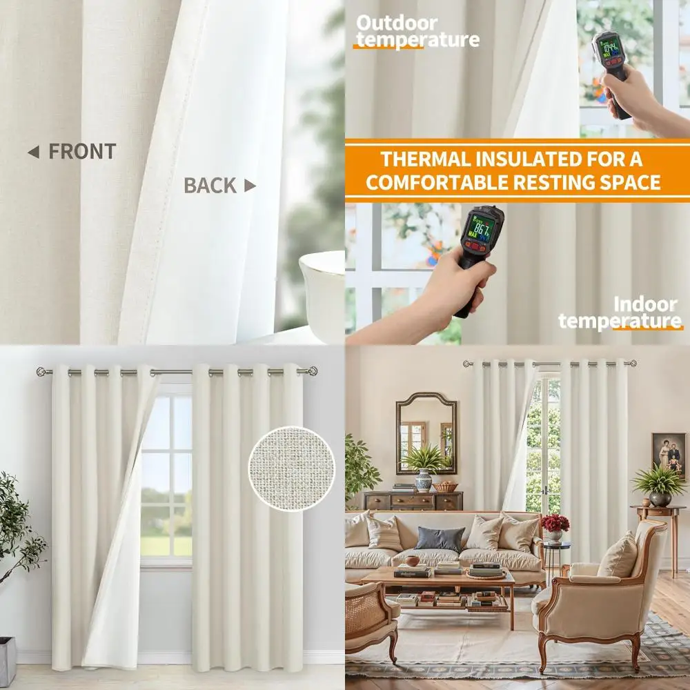 

Thermal Insulated 100% Linen Blackout Curtains, 52x90 for Bedroom, Full Room Darkening, 2-Panel Set