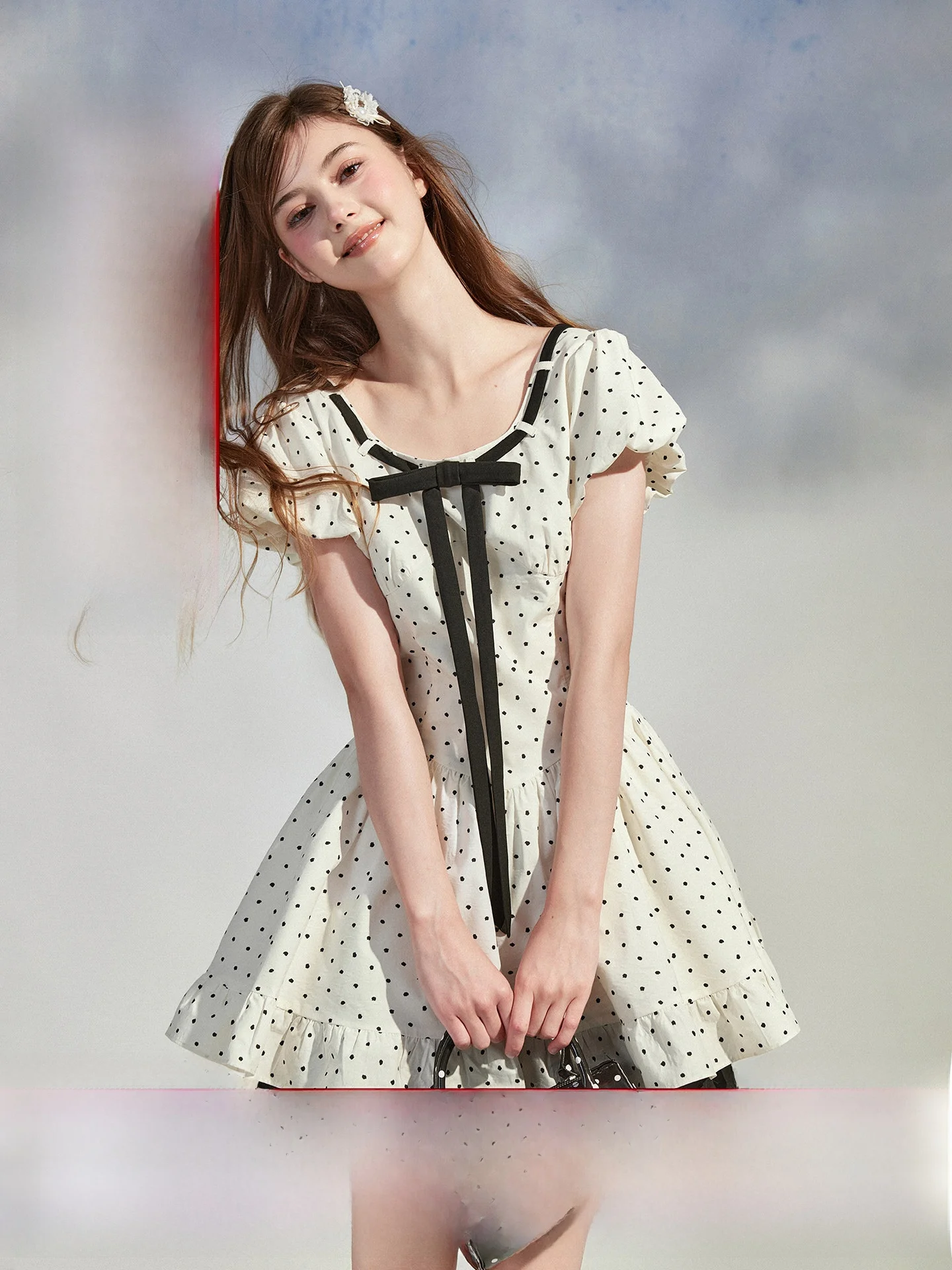 

Tipsymattina Sweet Style Morning Drunkenness 26 Summer Fashion Midi Dress Polka Dot Square Collar Short Sleeve Women Dress