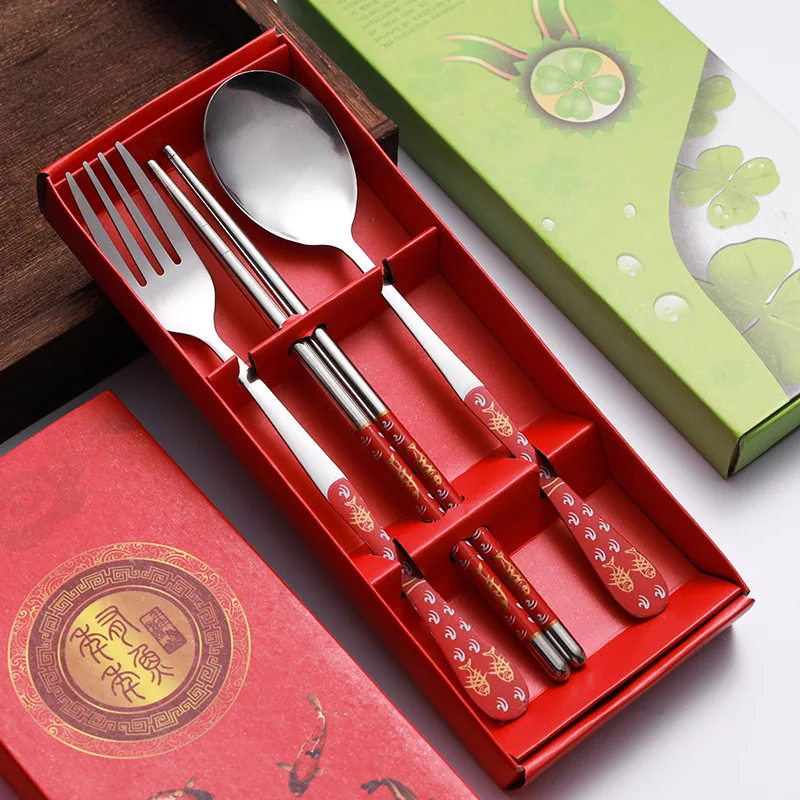 Chinese Style Creative Stainless Steel Tableware Gift Fork Spoon Chopsticks Flower Pattern Travel Portable Dinnerware 3PCs/Set