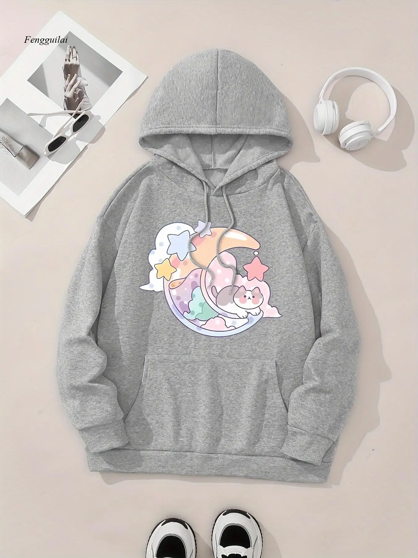 

Толстовка с милым лунным котом и графическим принтом, трикотажная ткань, толстовка с капюшоном и длинными рукавами с карманом, стандартный крой на осень/зиму