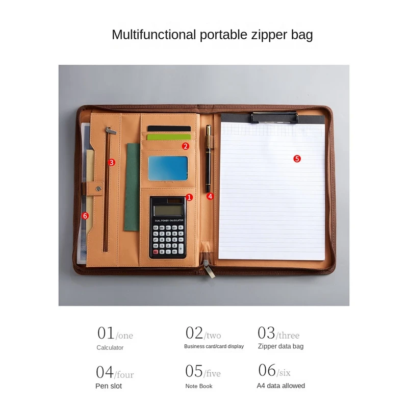 지퍼가 달린 가죽 포트폴리오 폴더, 손잡이가 달린 비즈니스 폴더, 회의 메모장 폴더, 남녀 공용