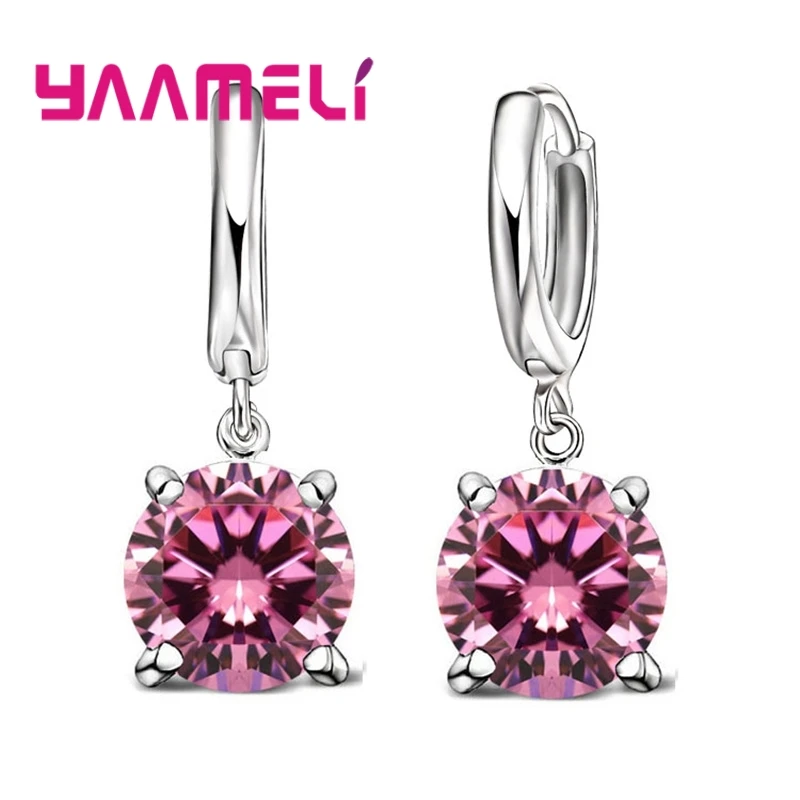 Real 925 Sterling Silver Dangle Earrings CZ Crystal Big Round Drop Earrings for Women Girls Wedding Party Fashion Jewelry Gift