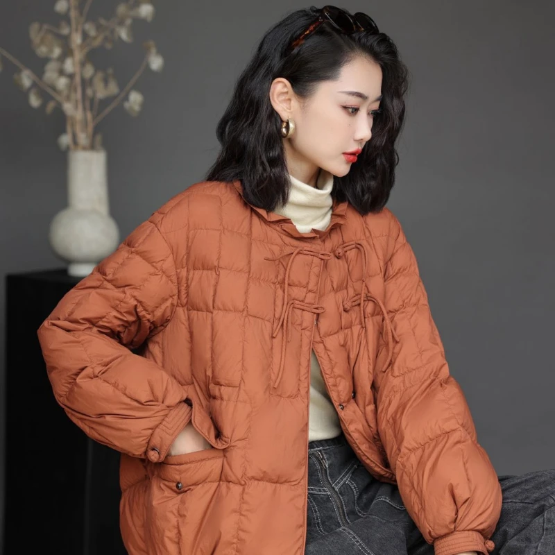 Short Down Jacket for Women, Retro Disc Buckle, Wooden Ear Collar, Lantern Sleeve, Casual Parka Coat, Winter Coat, New, 2024