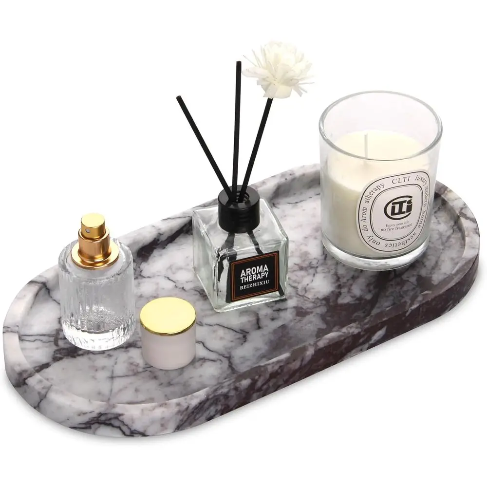 

Oval Marble Bathroom Vanity Tray, Natural Luxury Marble Home Kitchen Bathroom Table Tray, Stone Decorative Countertop Tray