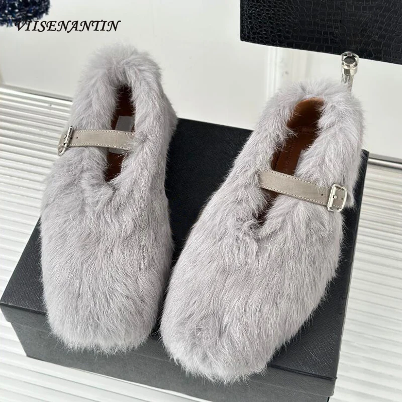 

Autumn Winter New Wool Fur Buckle Strap Loafers Women's Round Toe Flats Heel Simple and Comfortable Walking Casual Shoes Females