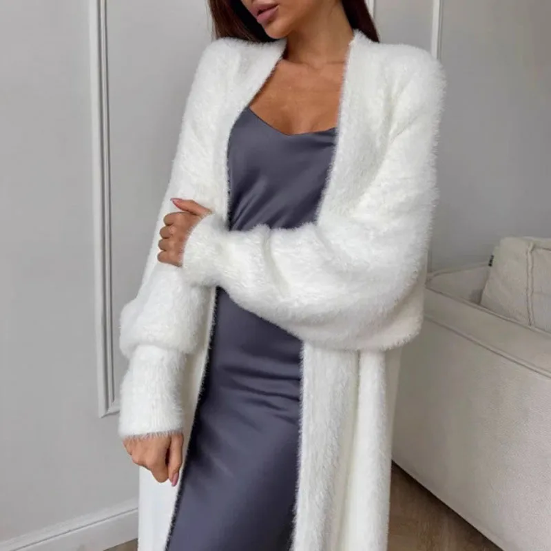 

2025 элегантные плюшевые однотонные куртки, осень-зима, повседневные простые пальто, женские сексуальные длинные кардиганы с v-образным вырезом и длинными рукавами