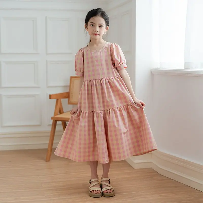 Fashion Kids Girls Dress 2026 Summer Birthday Loose Casual Plaid Dresses Children Vestido Beach Dress for Girl Teen 8 10 12 14 Y