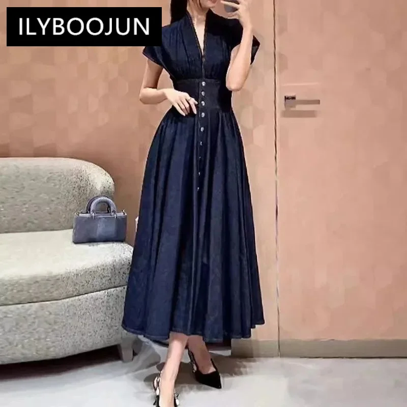 ILYBOOJUN Fashion Designer Spring Summer women\'s Cotton Short Sleeve Single-Breasted Folds Streetwear Dark Blue Denim Dresses