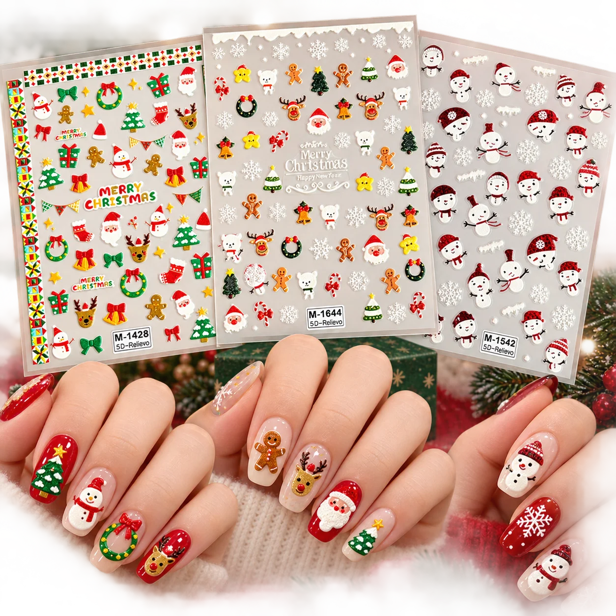Christmas 5D Nail Art Stickers Santa Snowman Reindeer Gingerbread Xmas Tree Snowflake Self Adhesive Nail Decals Winter Manicure