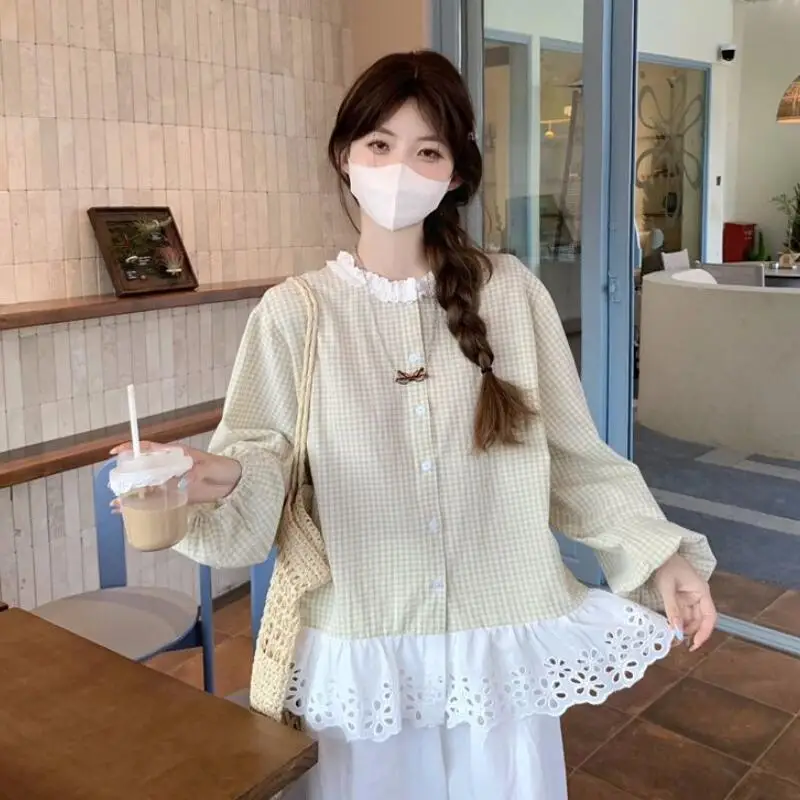 

French Women's Shirt Fashionable and Sweet Patchwork Lace Lace Lace Doll Plaid Shirt New Loose and Versatile Cotton Shirt
