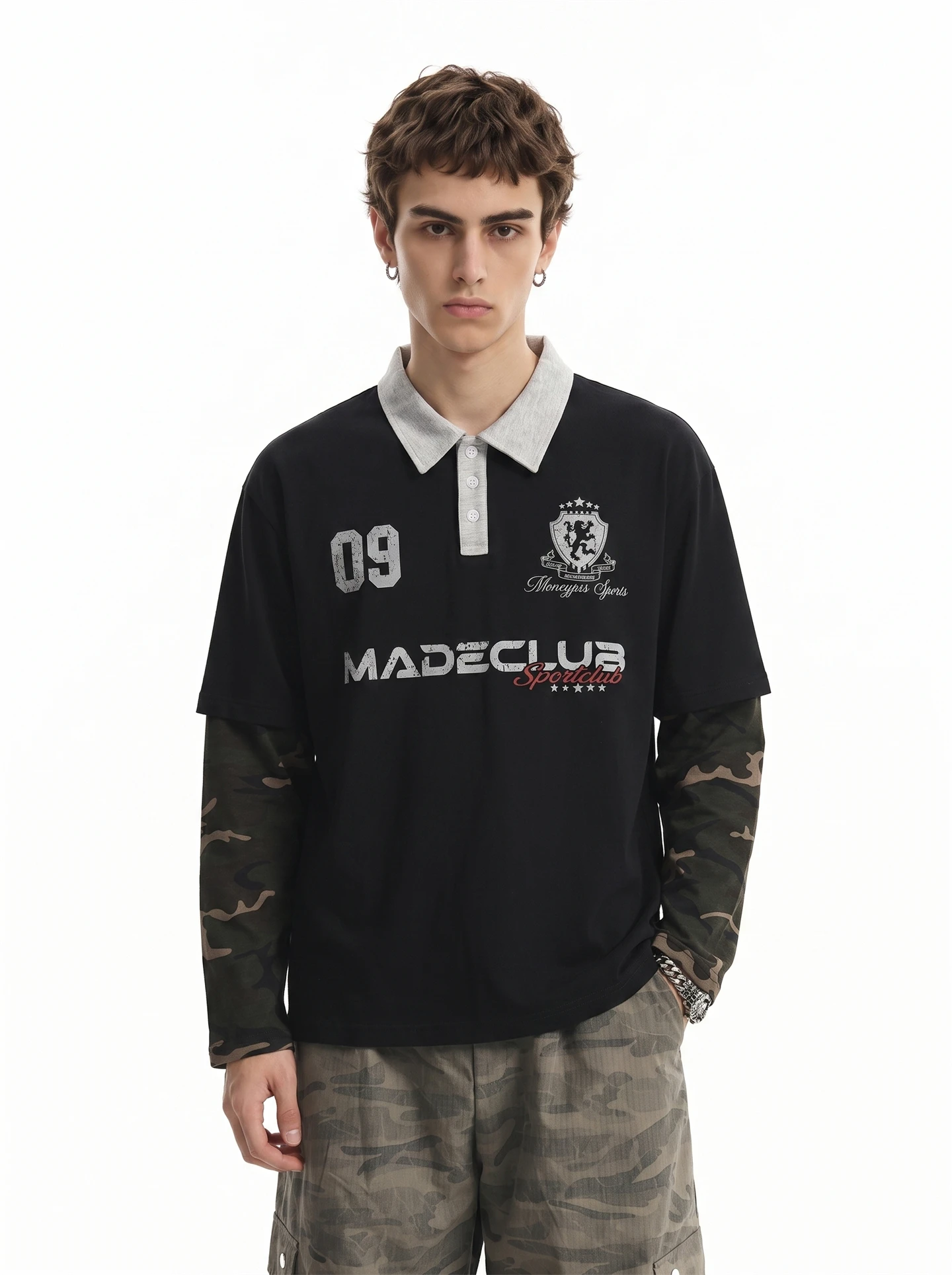 American Retro Camouflage Long Sleeve T-Shirt Loose Fit Men's Autumn New Style Printed Fake Two-Piece Top Youth Trend