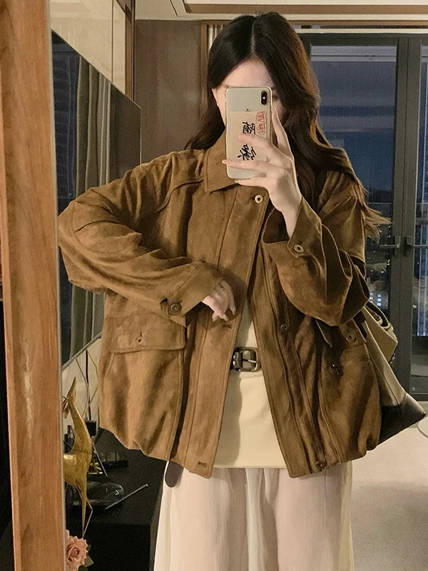 

Женская замшевая куртка в стиле ретро с воротником-стойкой, свободная посадка, весенне-осеннее ветрозащитное длинное пальто све, уличная рабочая одежда