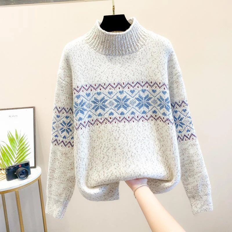 Women Trendy Simple Jacquard Half High Collar Thick Warm Knittted Sweater Female Long Sleeve Loose Pullover Tops Casual Jumpers