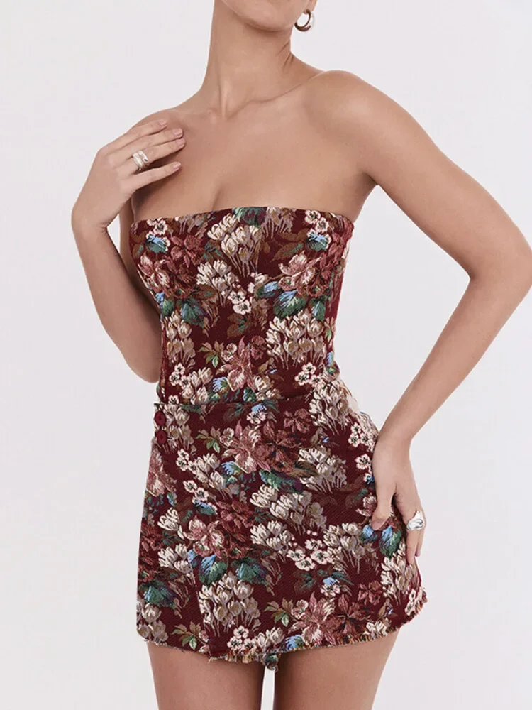 LANGMAO épaules dénudées dos nu imprimé Mini Robe pour les femmes Robe mode sans bretelles sans manches moulante Club fête Robe imprimée