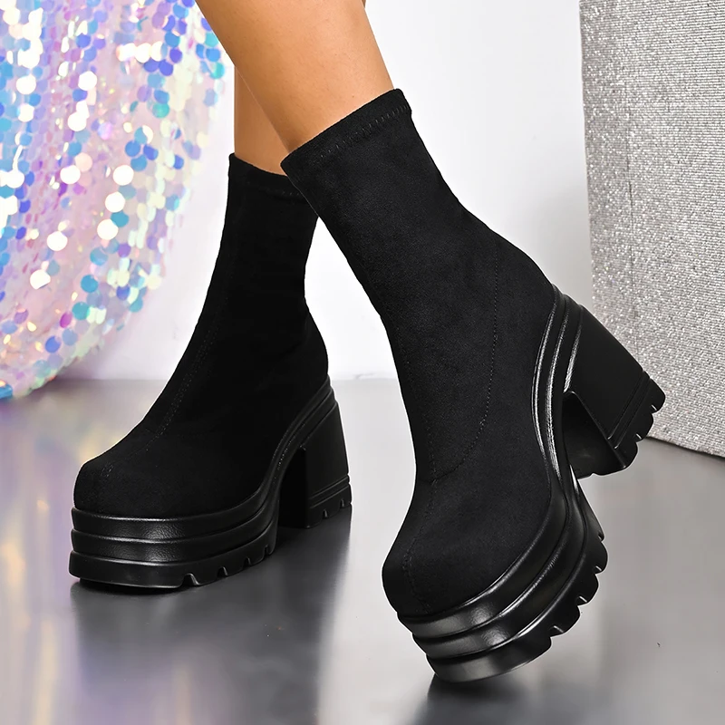 

Women's Slip On Chunky Platform Boots Gothic Punk Style High Heel Sock Ankle Boots Woman Autumn Winter Streetwear Fashion Shoes
