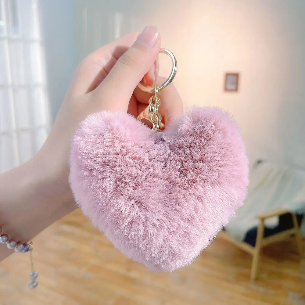 Cute Love Heart Plush Bag Pendant Fluffy Ball Imitation Rabbit Fur Hanging Decoration Bag Accessories Solid Color Car Key Ring