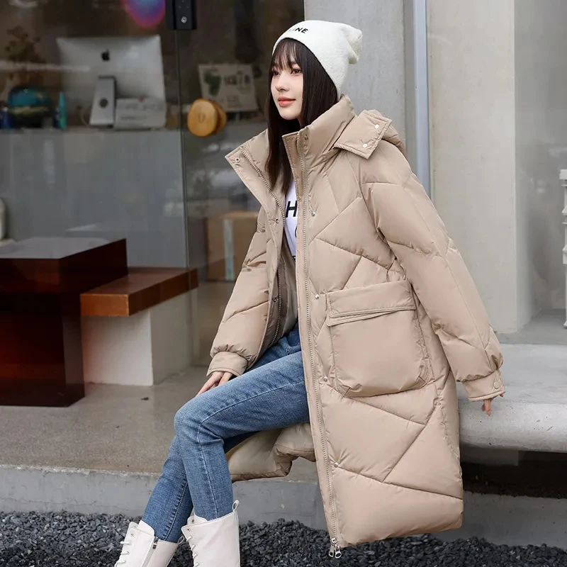 2023 Women Autumn Winter Long Plaid Parkas Loose Thicken Warm Hooded Coats Casual Zip Up Windproof Black White Down Jackets